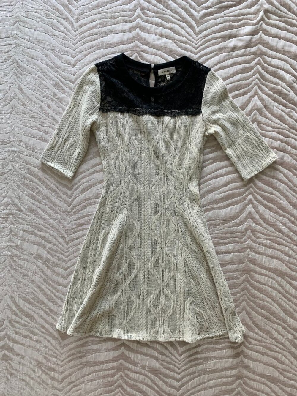 Monteau Geometric Knit Fit & Flare Dress with Black Sheer Lace Neckline